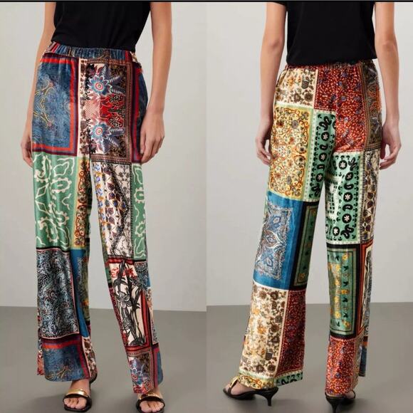 SFIZIO Patchwork Velvet Pants Womens Sz 6 Hippie Pull-On Straight Wide Leg ITALY - Picture 1 of 14